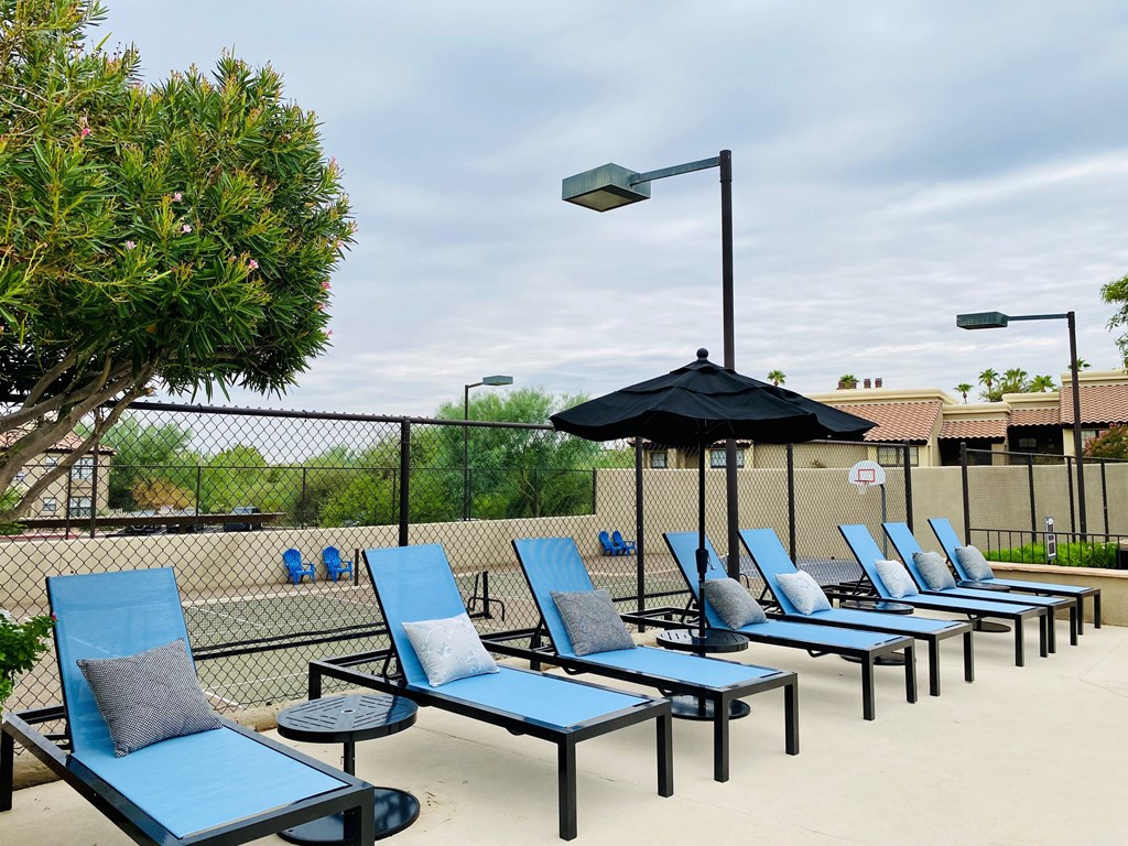 A row of blue lounge chairs are arranged on a patio.