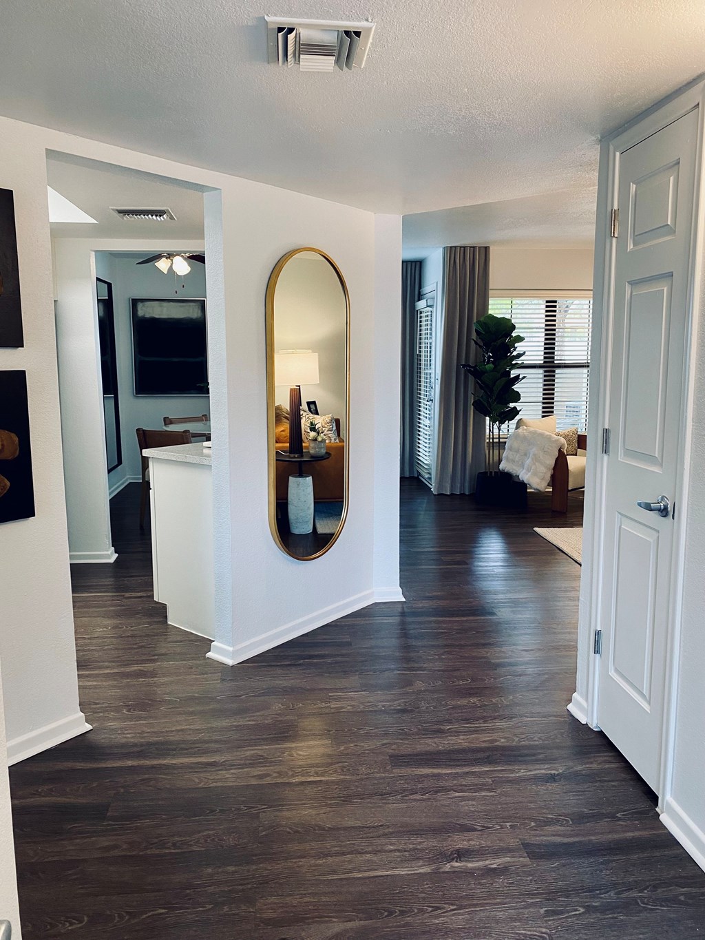A hallway with a mirror and a white door.