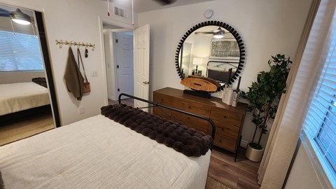 A bedroom with a bed, dresser, mirror, and a plant.