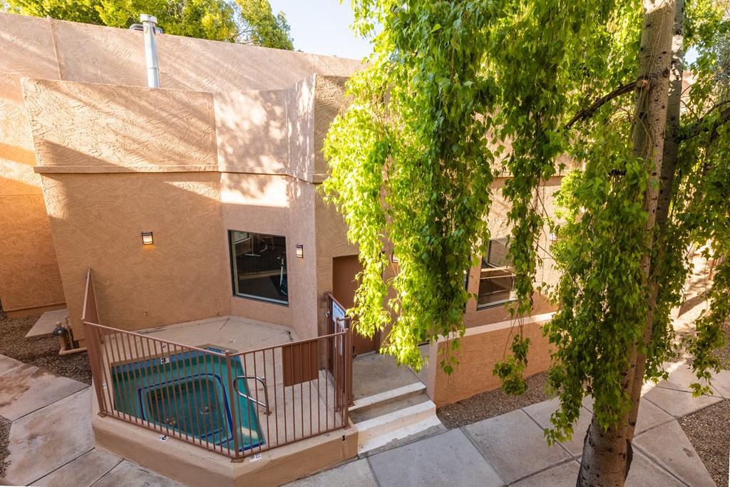 A patio with a hot tub and a tree.