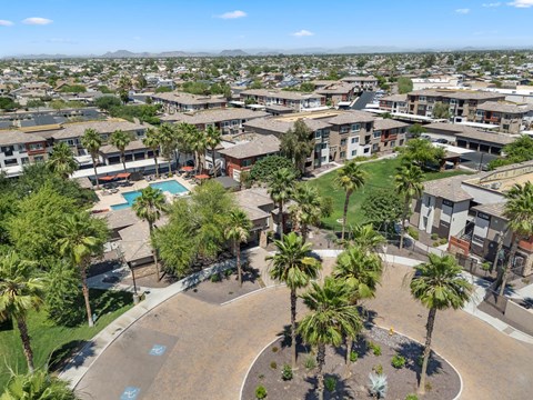 A view of a residential area with a swimming pool and palm trees.