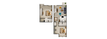 A floor plan of a two-story apartment with a living room, kitchen, and bedrooms.