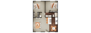 A top-down view of a room with a couch, a bed, a table, and a cabinet.