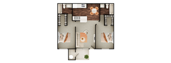 A top-down view of a room with a dining table, chairs, and a couch.