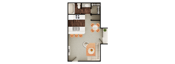 A top-down view of a kitchen with a dining area.