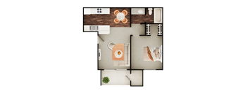 A top-down view of a kitchen with a table and chairs.
