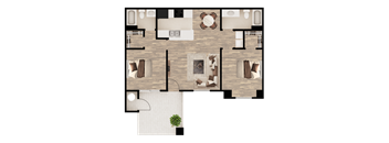 A floor plan of a house with a living room, dining room, kitchen, and bathrooms.