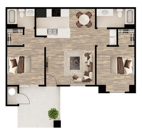 A floor plan of a house with a living room, dining room, kitchen, and bathrooms.