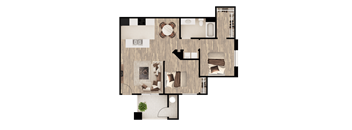 A floor plan of a house with a living room, kitchen, and two bedrooms.