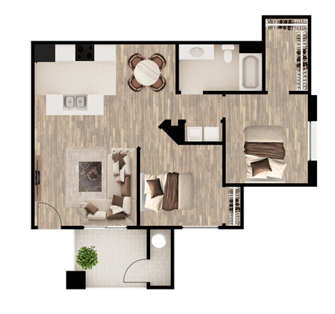 A floor plan of a house with a living room, kitchen, and two bedrooms.
