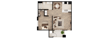 A top-down view of a living room with a couch, coffee table, and a fireplace.