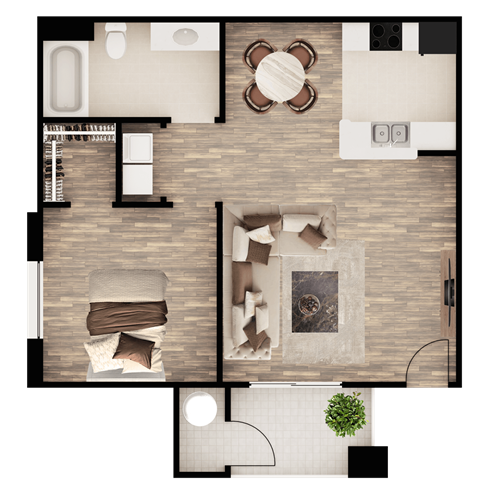 A top-down view of a living room with a couch, coffee table, and a fireplace.