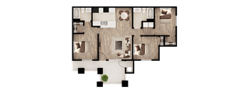 A top-down view of a house layout with a living room, kitchen, and dining area.