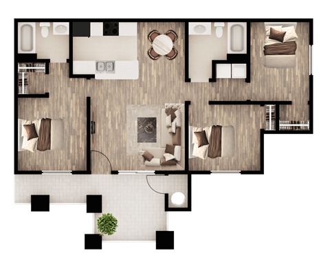 A top-down view of a house layout with a living room, kitchen, and dining area.