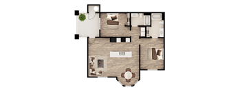A top-down view of a house layout with a living room, kitchen, and dining area.
