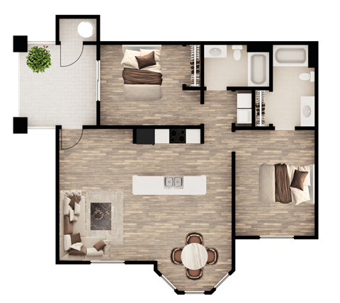 A top-down view of a house layout with a living room, kitchen, and dining area.