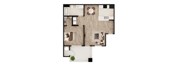 A top-down view of a room with a couch, a coffee table, and a potted plant.