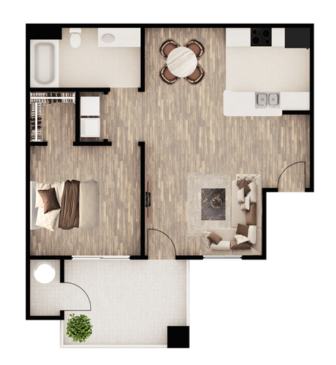 A top-down view of a room with a couch, a coffee table, and a potted plant.