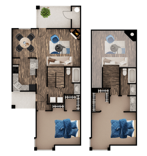 A floor plan of a two bedroom apartment with a living room and kitchen area.