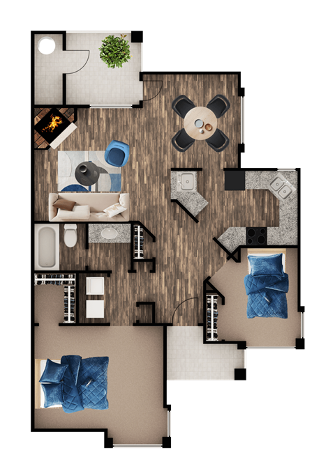 A floor plan of a house with a living room, kitchen, and two bedrooms.
