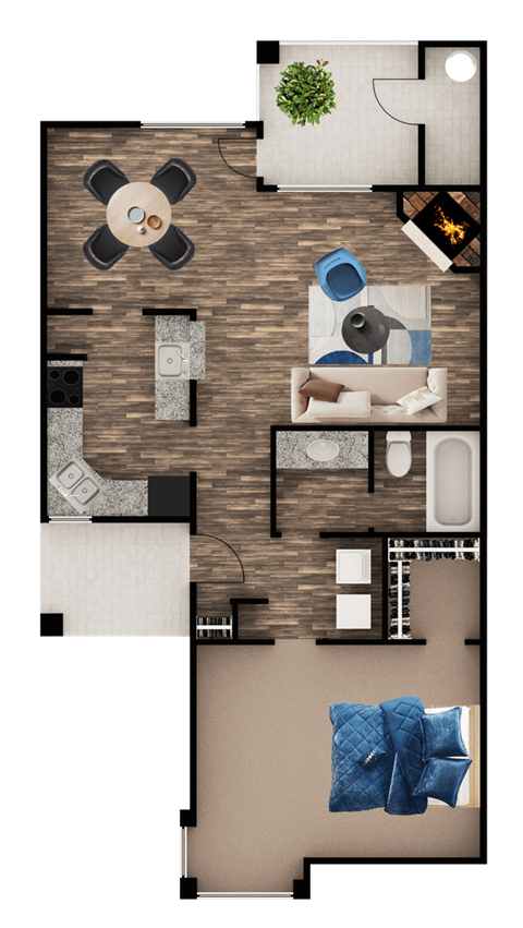 A floor plan of a house with a living room, kitchen, and two bedrooms.