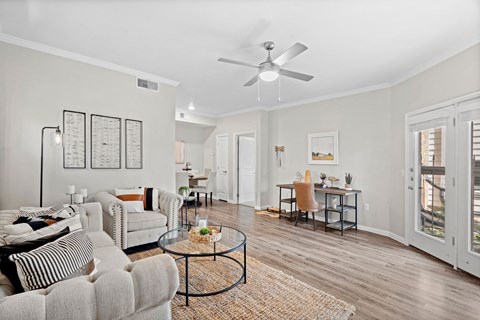 Living Area, Couch, Table, Office, Desk, Ceiling Fan, Back Porch
