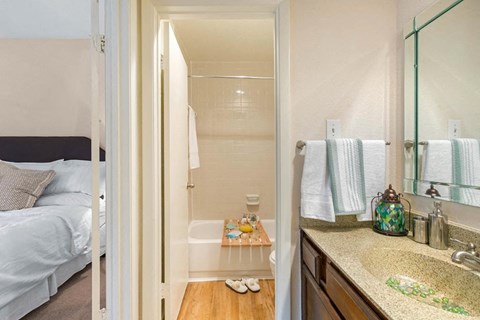 a bathroom with a sink and a shower and a bed