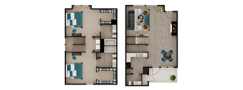 A floor plan of a two-bedroom apartment with a living room and kitchen area.