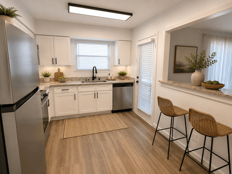 A kitchen with white cabinets and a stainless steel refrigerator.