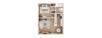 A top-down view of a well-organized room with a bed, a couch, a dining table, and a kitchen area.