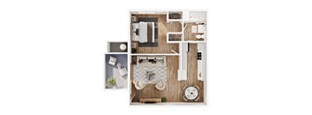 A top-down view of a modern, minimalist living space with a dining area and kitchen.