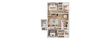 A top-down view of a room layout with a bed, couch, and kitchen area.