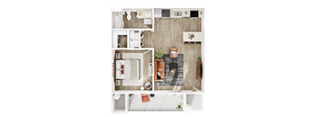 A top-down view of a modern apartment with a kitchen, living room, and bathroom.