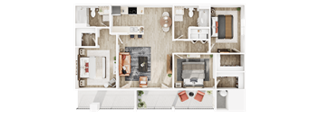 A top-down view of a small apartment layout with a kitchen, living room, and bedroom.
