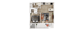 A top-down view of a modern apartment layout with a living area, kitchen, and bedrooms.