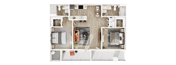 A top-down view of a house layout with a living room, kitchen, and bathrooms.