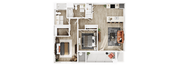 A top-down view of a well-organized apartment with a kitchen, living room, and bathroom.