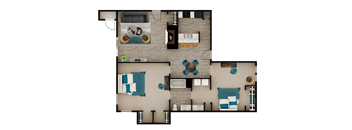 A top-down view of a house layout with two bedrooms, a living room, a kitchen, and a bathroom.