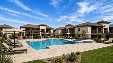 A large house with a pool in the backyard.