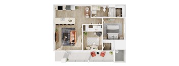 A top-down view of a well-organized apartment with a living area, kitchen, and bedroom.