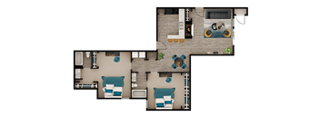 A top-down view of a house with two bedrooms, a living room, a kitchen, and a bathroom.