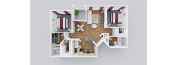 A top-down view of a small apartment with a kitchen, living room, and bathroom.