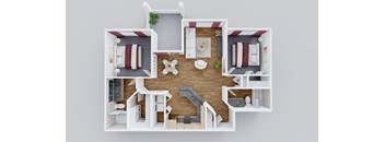 A 3D rendered image of a house layout with a kitchen, living room, and two bedrooms.