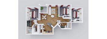 A 3D rendered image of a house layout with a kitchen, living room, and bedrooms.