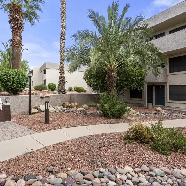 A landscaped area with a variety of plants and rocks in front of a building.