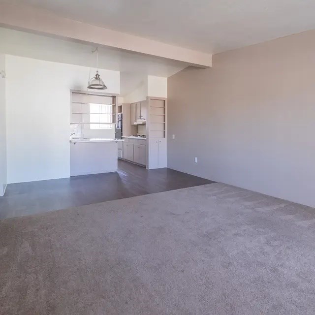A large empty room with a kitchen area in the background.