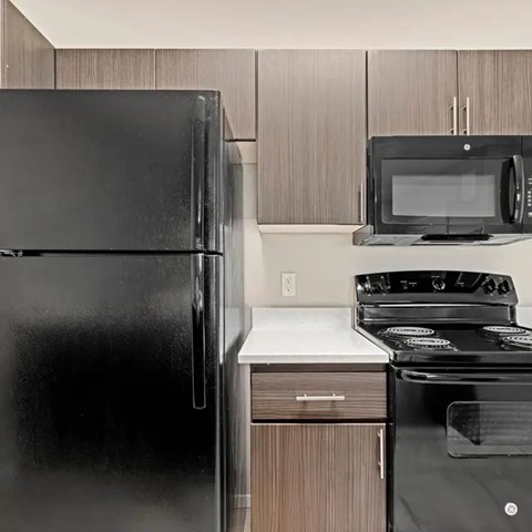 A black refrigerator is next to a black microwave and black stove in a kitchen.