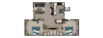 A top-down view of a house with a living room, two bedrooms, a kitchen, and a bathroom.