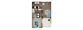 A top-down view of a room with a blue chair and a white table.