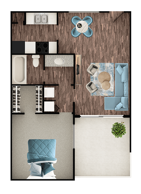 A top-down view of a room with a blue chair and a white table.